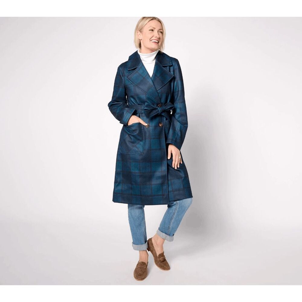 Thread Collective $159 Plaid Double Breasted Belted Trench Coat Navy blue L NWT